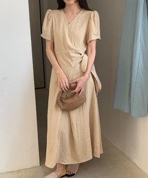 カシュクール Vネック パフスリーブ ワンピース