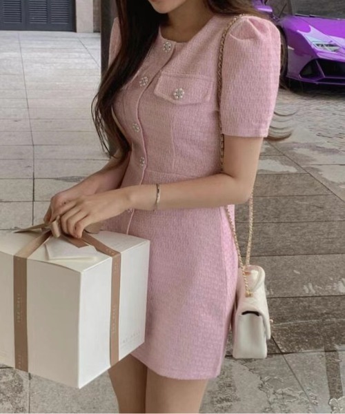 YUGA(ユーガ)の「YUGA_YGMC Korean-style Summer tweed dress(ワンピース・レディース・ブラック/ライトピンク・FREE)」の4枚目の写真