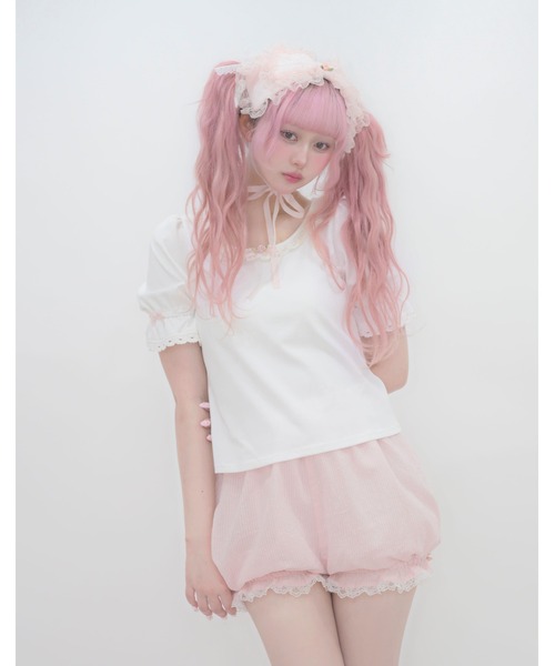Fiorforte(フィオルフォルテ)の「puff sleeve rose T-shirt(Tシャツ/カットソー・レディース・ピンク/ホワイト・FREE)」の1枚目の写真