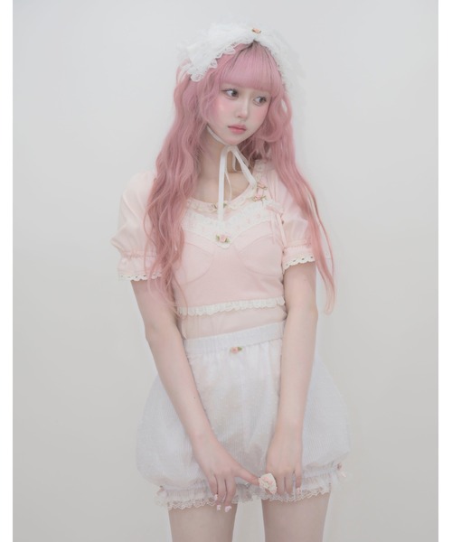 Fiorforte(フィオルフォルテ)の「puff sleeve rose T-shirt(Tシャツ/カットソー・レディース・ピンク/ホワイト・FREE)」の3枚目の写真