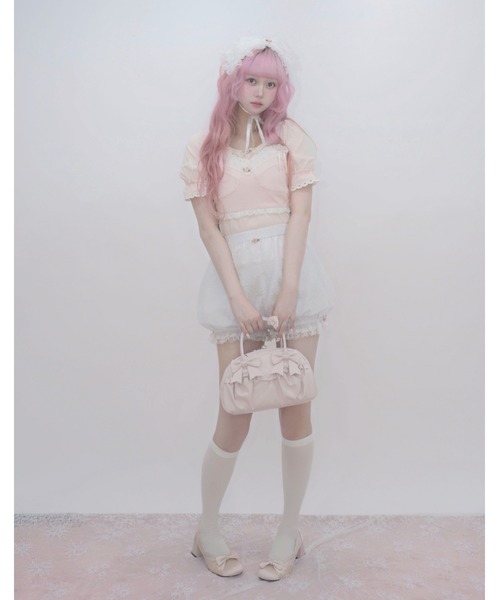 Fiorforte(フィオルフォルテ)の「puff sleeve rose T-shirt(Tシャツ/カットソー・レディース・ピンク/ホワイト・FREE)」の4枚目の写真