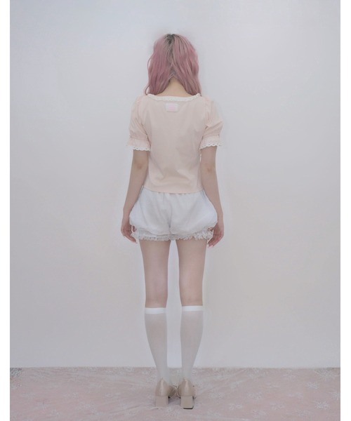Fiorforte(フィオルフォルテ)の「puff sleeve rose T-shirt(Tシャツ/カットソー・レディース・ピンク/ホワイト・FREE)」の6枚目の写真