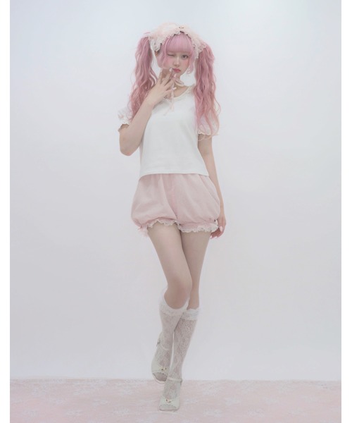 Fiorforte(フィオルフォルテ)の「puff sleeve rose T-shirt(Tシャツ/カットソー・レディース・ピンク/ホワイト・FREE)」の8枚目の写真