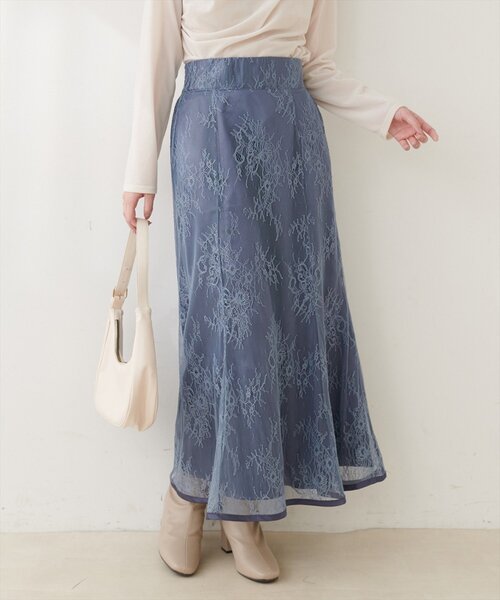 natural couture(ナチュラルクチュール)の「長さ変えられるサテンパイピングレーススカート(スカート・レディース・ブラウン/ブルー/ライトベージュ/ブラック・FREE)」の4枚目の写真