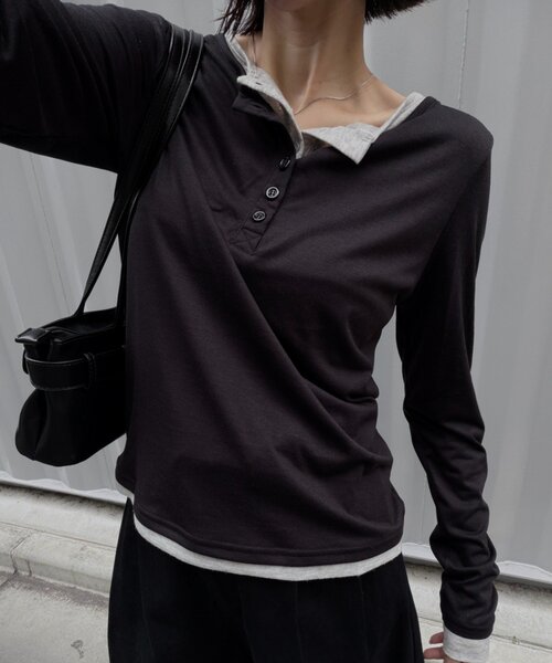 goocy(グーシー)の「配色ヘンリーネックトップス(Tシャツ/カットソー・レディース・チャコールグレー/ブラック/グレー/ブラウン・FREE)」の6枚目の写真