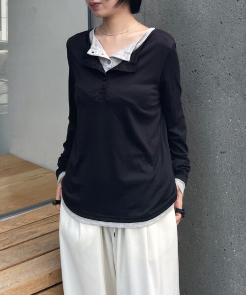 goocy(グーシー)の「配色ヘンリーネックトップス(Tシャツ/カットソー・レディース・チャコールグレー/ブラック/グレー/ブラウン・FREE)」の7枚目の写真