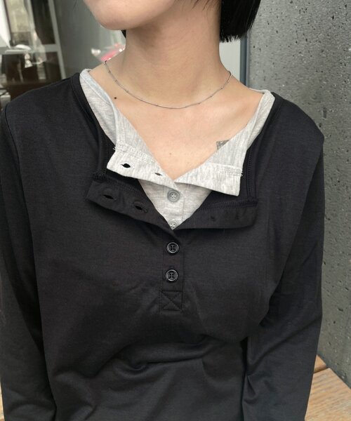 goocy(グーシー)の「配色ヘンリーネックトップス(Tシャツ/カットソー・レディース・チャコールグレー/ブラック/グレー/ブラウン・FREE)」の13枚目の写真