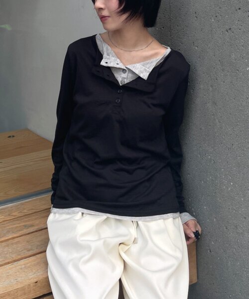 goocy(グーシー)の「配色ヘンリーネックトップス(Tシャツ/カットソー・レディース・チャコールグレー/ブラック/グレー/ブラウン・FREE)」の16枚目の写真
