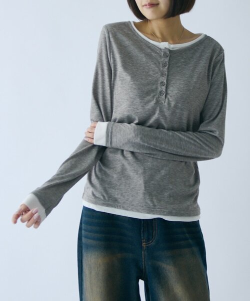 goocy(グーシー)の「配色ヘンリーネックトップス(Tシャツ/カットソー・レディース・チャコールグレー/ブラック/グレー/ブラウン・FREE)」の18枚目の写真