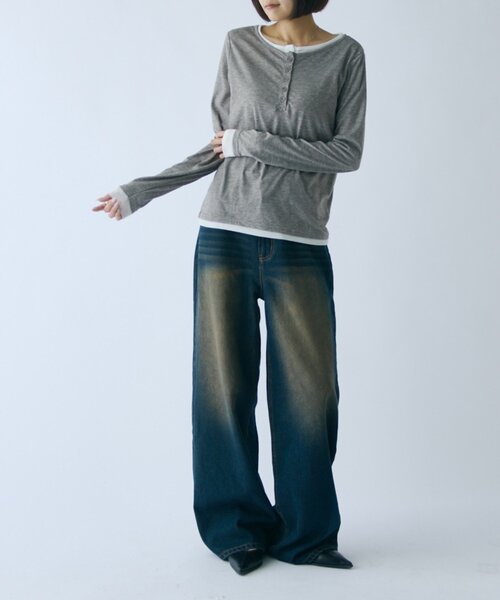 goocy(グーシー)の「配色ヘンリーネックトップス(Tシャツ/カットソー・レディース・チャコールグレー/ブラック/グレー/ブラウン・FREE)」の19枚目の写真