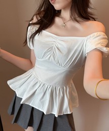 【春夏新作】3色展開2WAYオフショルギャザーペプラムトップス