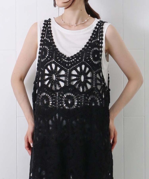 Bleu Bleuet(ブルーブルーエ)の「かぎ針キャミワンピース(ワンピース・レディース・ブラック/オフホワイト/ブラウン・M)」の8枚目の写真