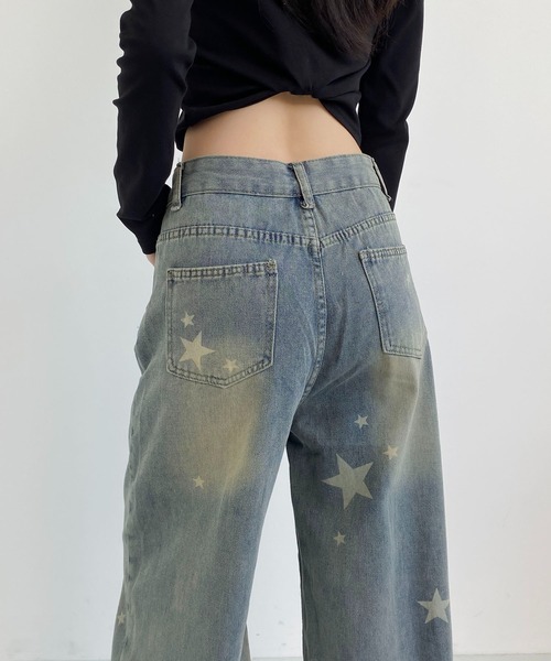 MAISON DE THERESE(メゾン ド テレーズ)の「星柄プリント ワイドカーブデニムパンツ レトロ ゆるシルエット バナナパンツ(デニムパンツ・レディース・ブルー/ブラック・M)」の10枚目の写真