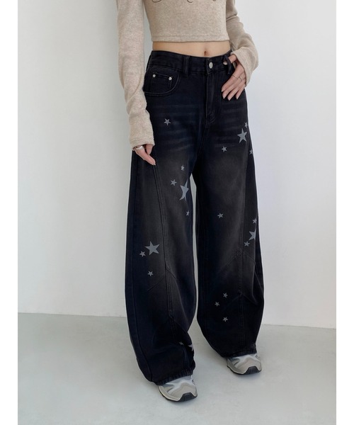 MAISON DE THERESE(メゾン ド テレーズ)の「星柄プリント ワイドカーブデニムパンツ レトロ ゆるシルエット バナナパンツ(デニムパンツ・レディース・ブルー/ブラック・M)」の8枚目の写真
