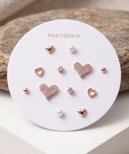Heartdance(ハートダンス)の「パヴェハート パール ストーン 6ペアセットピアス(ピアス(両耳用)・レディース・シルバー/ピンクゴールド・FREE)」の1枚目の写真