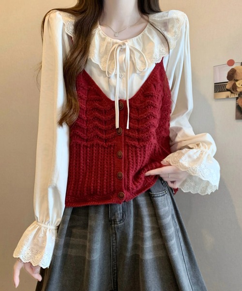 LUCPY(ラクピー)の「透かし編みニットビスチェ×フリルブラウスセット(シャツ/ブラウス・レディース・ブルー/イエロー/レッド・FREE)」の3枚目の写真