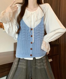 透かし編みニットビスチェ×フリルブラウスセット