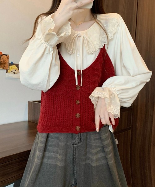 LUCPY(ラクピー)の「透かし編みニットビスチェ×フリルブラウスセット(シャツ/ブラウス・レディース・ブルー/イエロー/レッド・FREE)」の5枚目の写真