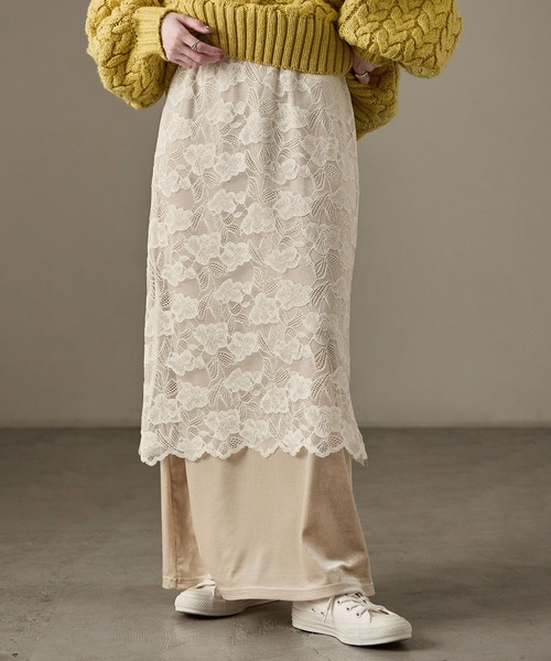 Fashion Letter(ファッションレター)の「花柄レース×ベロア フェイクレイヤード ナロースカート(スカート・レディース・ブラウン/ブラック/キナリ・M)」の1枚目の写真
