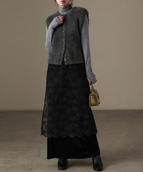 Fashion Letter(ファッションレター)の「花柄レース×ベロア フェイクレイヤード ナロースカート(スカート・レディース・ブラウン/ブラック/キナリ・M)」の6枚目の写真