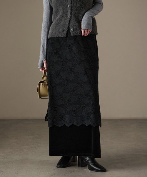 Fashion Letter(ファッションレター)の「花柄レース×ベロア フェイクレイヤード ナロースカート(スカート・レディース・ブラウン/ブラック/キナリ・M)」の7枚目の写真