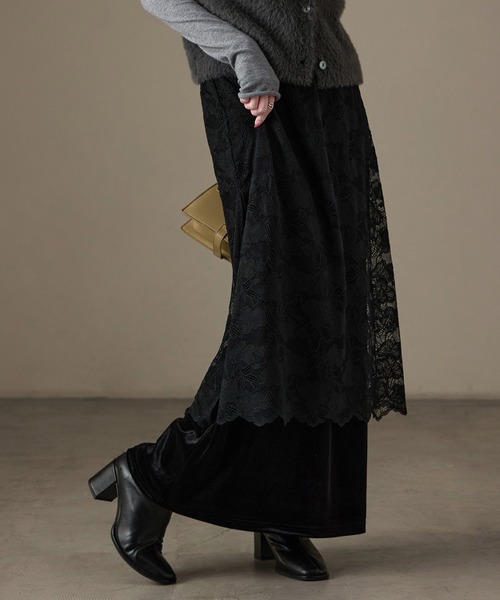 Fashion Letter(ファッションレター)の「花柄レース×ベロア フェイクレイヤード ナロースカート(スカート・レディース・ブラウン/ブラック/キナリ・M)」の8枚目の写真