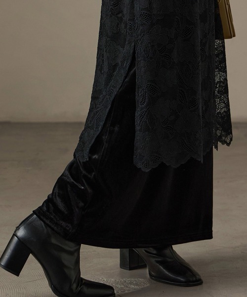 Fashion Letter(ファッションレター)の「花柄レース×ベロア フェイクレイヤード ナロースカート(スカート・レディース・ブラウン/ブラック/キナリ・M)」の9枚目の写真