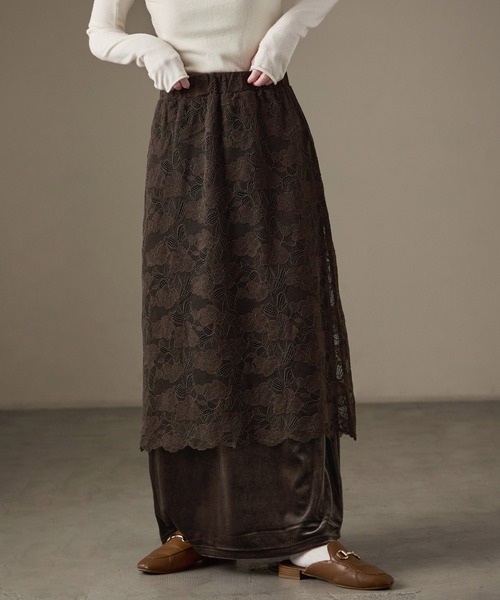 Fashion Letter(ファッションレター)の「花柄レース×ベロア フェイクレイヤード ナロースカート(スカート・レディース・ブラウン/ブラック/キナリ・M)」の17枚目の写真