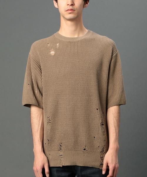 MONKEY TIME(モンキータイム)の「<monkey time> クラッシュ クルーネック ハーフスリーブ ニット◆(ニット/セーター・メンズ・ブラック/ベージュ・X-LARGE/LARGE/MEDIUM/SMALL)」の1枚目の写真