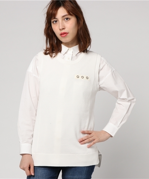 AVIREX（アヴィレックス）の「avirex/ アヴィレックス/ L-SLEEVELES CREWNECK KNIT/ スリーブレス クルーネック ニット ニットベスト（ニット/セーター・レディース・オフホワイト/オリーブ/レッド・FREE）」の2枚目の写真