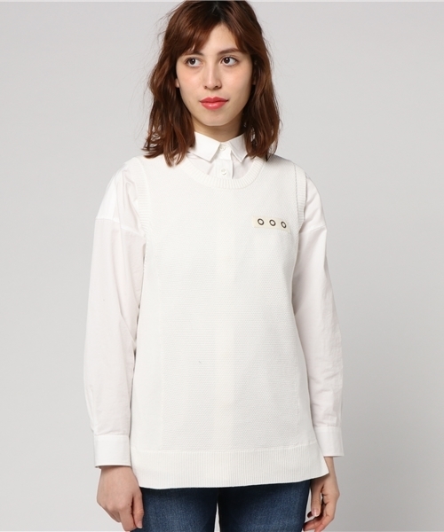 AVIREX（アヴィレックス）の「avirex/ アヴィレックス/ L-SLEEVELES CREWNECK KNIT/ スリーブレス クルーネック ニット ニットベスト（ニット/セーター・レディース・オフホワイト/オリーブ/レッド・FREE）」の4枚目の写真