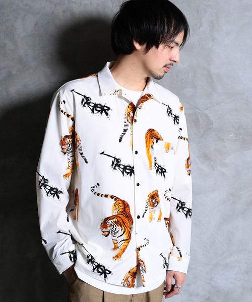 Niirus ニールス の タイガー パターン メンズ 長袖 オープンカラーシャツ シャツ ブラウス Wear