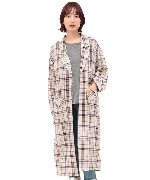 チチカカ（チチカカ）の「チェックローブガウン（ノーカラーコート・レディース・ベージュ/ブラウン・FREE）」の8枚目の写真