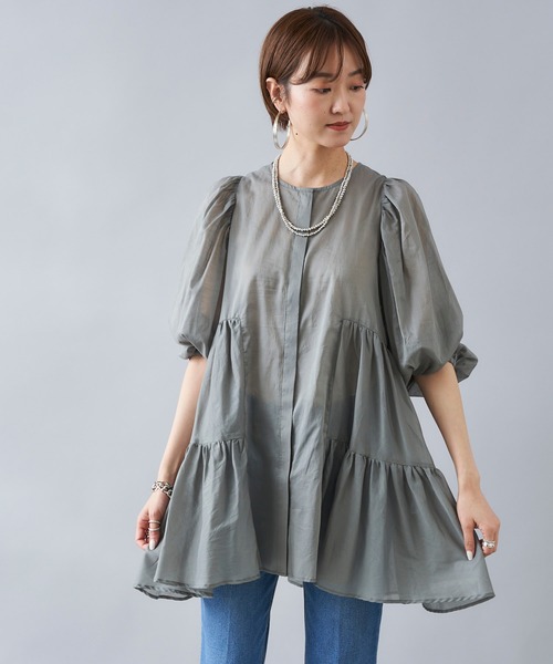 DouDou(ドゥドゥ)の「ティアードチュニック(シャツ/ブラウス・レディース・ブラック/オフホワイト/グリーン・FREE)」の7枚目の写真