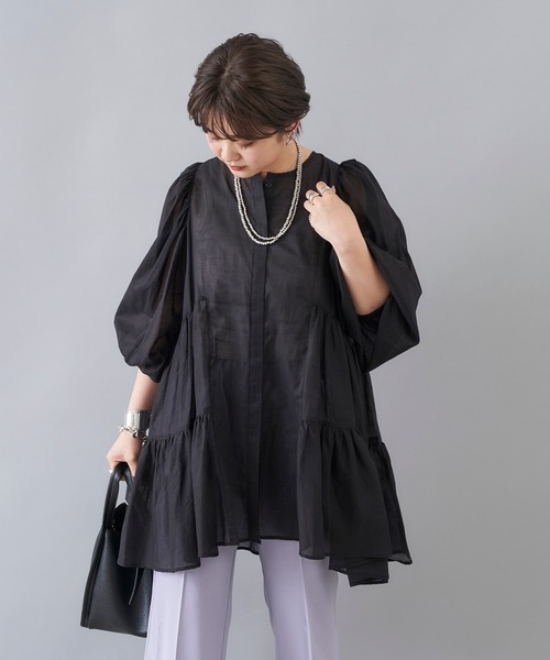 DouDou(ドゥドゥ)の「ティアードチュニック(シャツ/ブラウス・レディース・ブラック/オフホワイト/グリーン・FREE)」の19枚目の写真