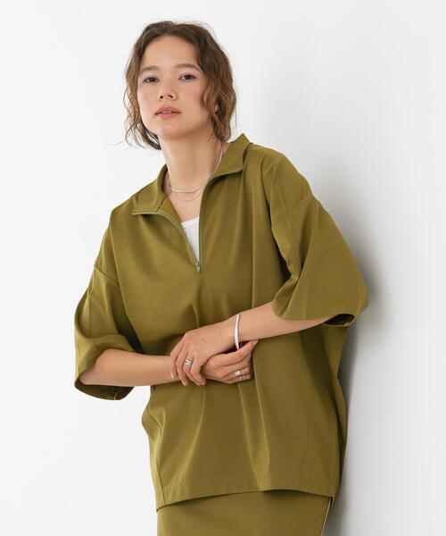 FEELING MADE(フィーリングメイド)の「FEELING MADE ストレッチポンチ ハーフジップ プルオーバー(Tシャツ/カットソー・レディース・オフホワイト/ダークグレー/オリーブ・FREE)」の1枚目の写真