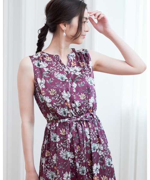 ANAYI フラワープリント ワンピース 36 ANAYI（アナイ） ワンピース チェックフラワープリントタイ付き