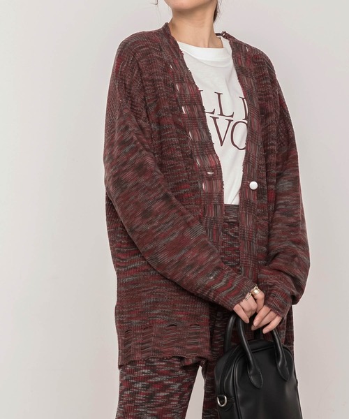 BONLECILL（ボンルシール）の「メランジ Vネックダメージニットカーディガン（カーディガン/ボレロ・レディース・チャコールグレー/レッド/カーキ・FREE）」の3枚目の写真