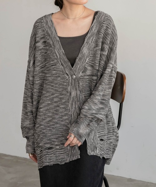 BONLECILL（ボンルシール）の「メランジ Vネックダメージニットカーディガン（カーディガン/ボレロ・レディース・チャコールグレー/レッド/カーキ・FREE）」の8枚目の写真