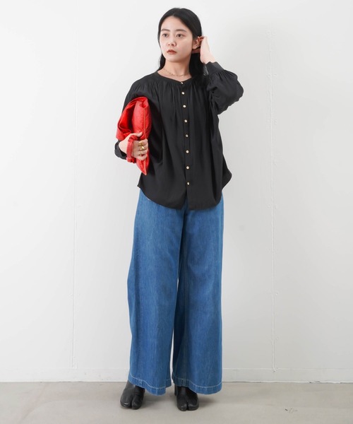 malla（マーラ）の「malla マーラ 割繊2wayギャザーブラウス（シャツ/ブラウス・レディース・アイボリー/ブラック/オレンジ・FREE）」の7枚目の写真