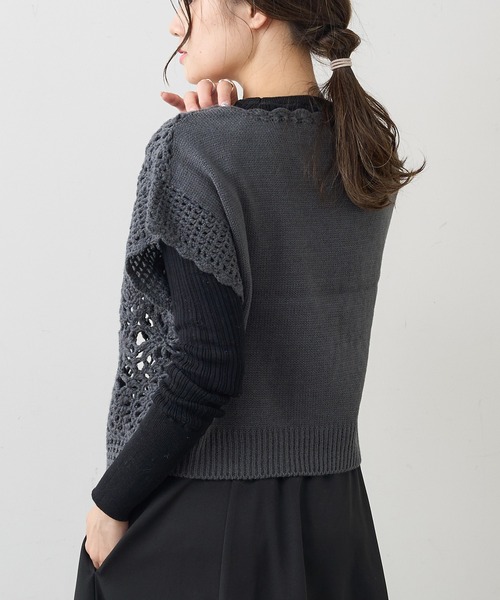 PUAL CE CIN（ピュアルセシン）の「【premium】カギ針編みニットベスト（ニット/セーター・レディース・アイボリー/チャコールグレー・FREE）」の5枚目の写真
