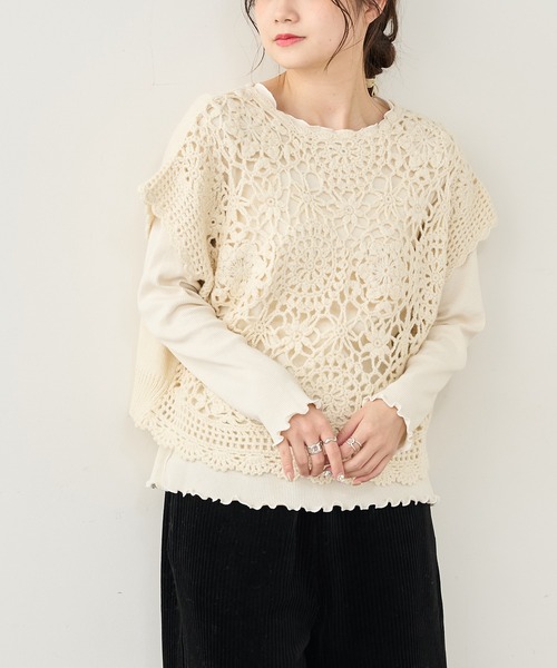 PUAL CE CIN（ピュアルセシン）の「【premium】カギ針編みニットベスト（ニット/セーター・レディース・アイボリー/チャコールグレー・FREE）」の6枚目の写真