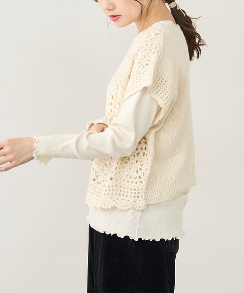 PUAL CE CIN（ピュアルセシン）の「【premium】カギ針編みニットベスト（ニット/セーター・レディース・アイボリー/チャコールグレー・FREE）」の7枚目の写真