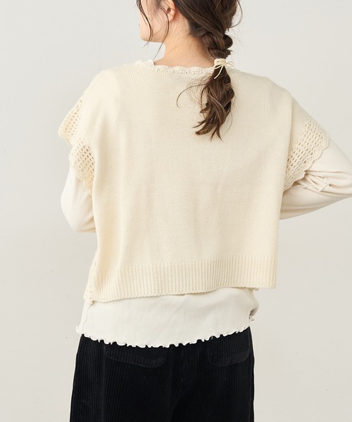 PUAL CE CIN（ピュアルセシン）の「【premium】カギ針編みニットベスト（ニット/セーター・レディース・アイボリー/チャコールグレー・FREE）」の3枚目の写真