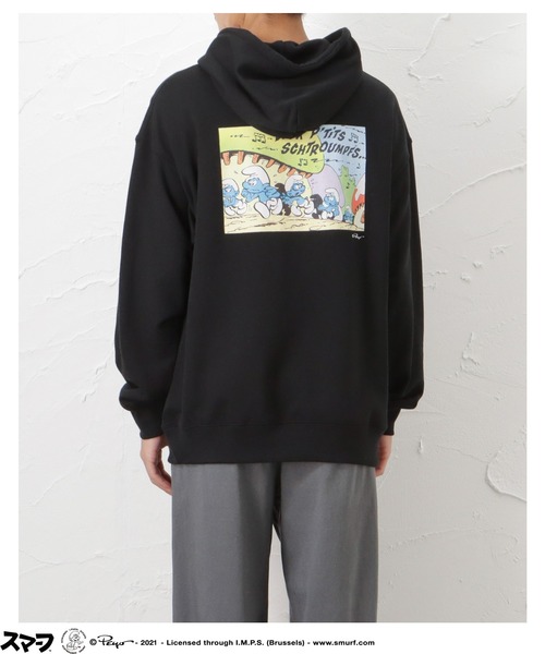 Mac-House(マックハウス)の「Smurf スマーフ プリント 裏毛スウェットプルオーバーパーカー(パーカー・メンズ・アイボリー/グリーン/ブラック・L/M)」の4枚目の写真