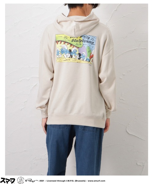 Mac-House(マックハウス)の「Smurf スマーフ プリント 裏毛スウェットプルオーバーパーカー(パーカー・メンズ・アイボリー/グリーン/ブラック・L/M)」の5枚目の写真