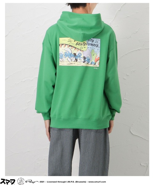 Mac-House(マックハウス)の「Smurf スマーフ プリント 裏毛スウェットプルオーバーパーカー(パーカー・メンズ・アイボリー/グリーン/ブラック・L/M)」の6枚目の写真