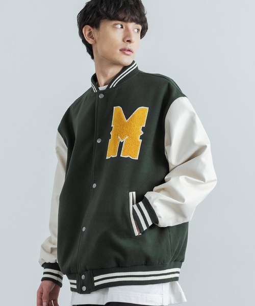 Rocky Monroe(ロッキーモンロー)の「オーバーサイズ テックウールメルトン フェイクレザー切り替えスタジャン(スタジャン・メンズ・ネイビー/ブラウン/グリーン/ブラック×ホワイト/ブラック×ブラック・M/L)」の7枚目の写真