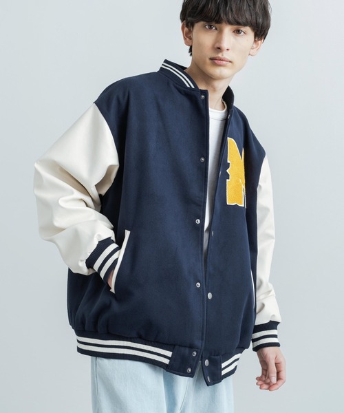 Rocky Monroe(ロッキーモンロー)の「オーバーサイズ テックウールメルトン フェイクレザー切り替えスタジャン(スタジャン・メンズ・ネイビー/ブラウン/グリーン/ブラック×ホワイト/ブラック×ブラック・M/L)」の9枚目の写真