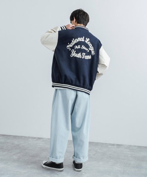 Rocky Monroe(ロッキーモンロー)の「オーバーサイズ テックウールメルトン フェイクレザー切り替えスタジャン(スタジャン・メンズ・ネイビー/ブラウン/グリーン/ブラック×ホワイト/ブラック×ブラック・M/L)」の11枚目の写真